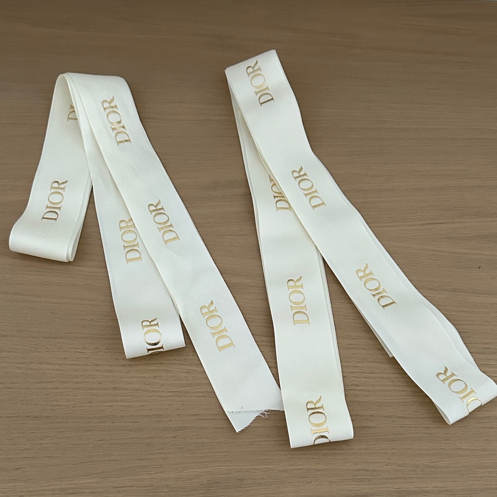 Wide Dior Logo Cream and Gold Ribbons Set of 2